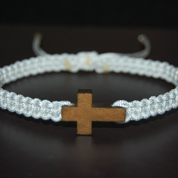 Cross Bracelet,Wood Cross Bracelet,Braided Bracelet,White Bracelet - Picture 2 of 2
